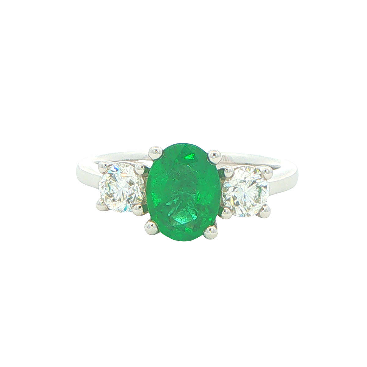 Emerald and Round Brilliant Cut Diamond 3 Stone Ring