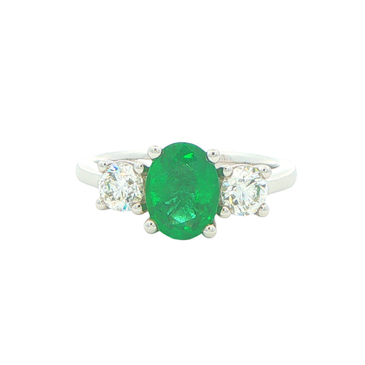 Emerald and Round Brilliant Cut Diamond 3 Stone Ring