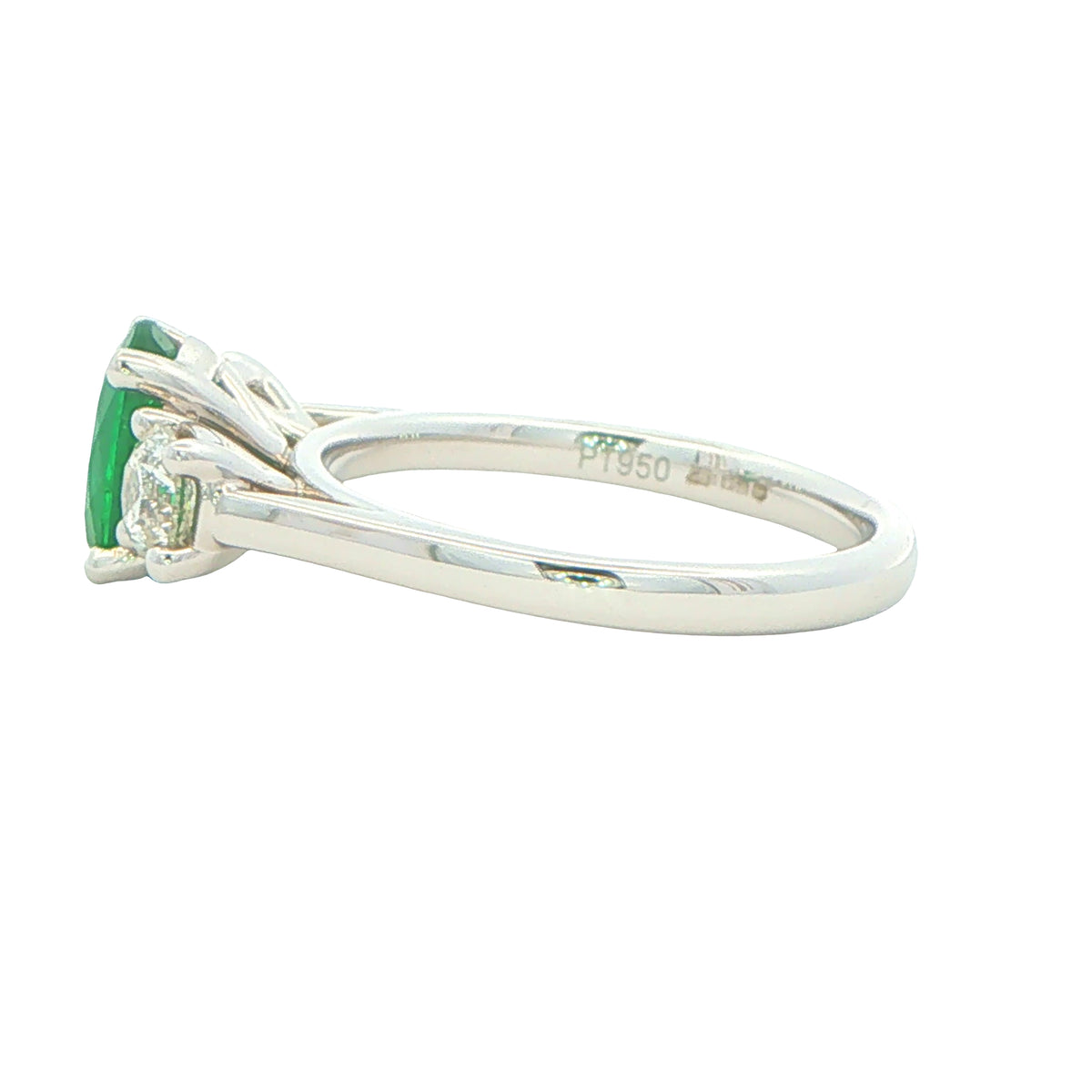 Emerald and Round Brilliant Cut Diamond 3 Stone Ring