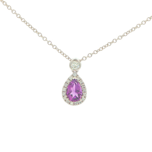 Pear Shaped Amethyst and Diamond Halo Style Drop Pendant