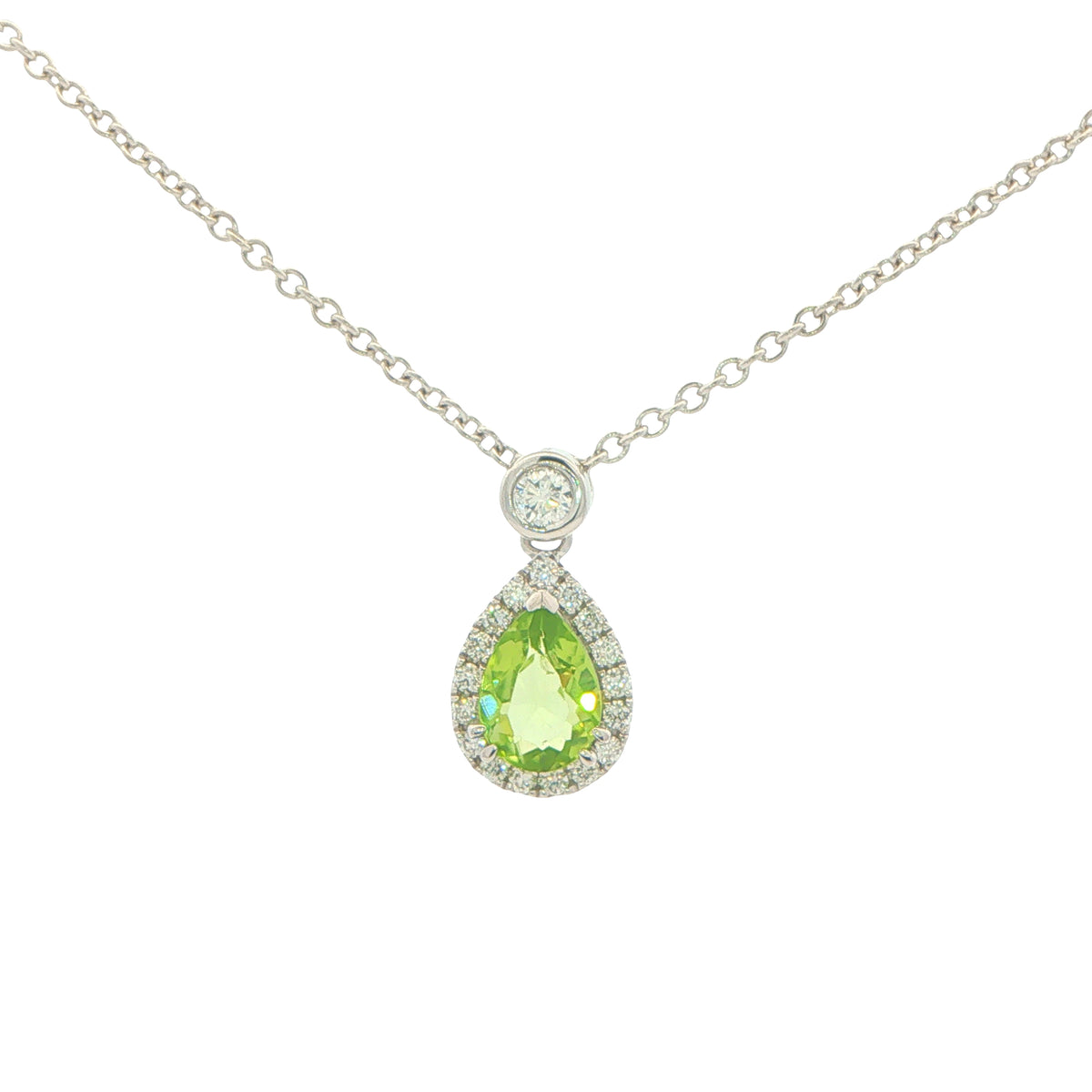 Pear Shaped Peridot and Diamond Halo Style Drop Pendant