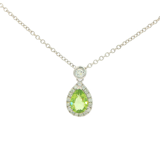 Pear Shaped Peridot and Diamond Halo Style Drop Pendant