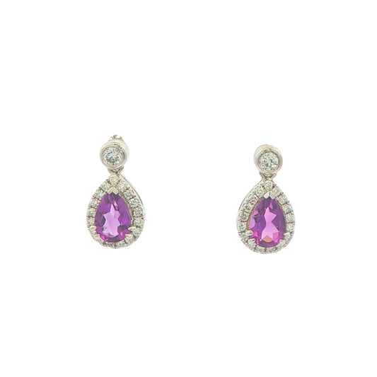 Pear Shaped Amethyst and Diamond Halo Style Drop Earrings