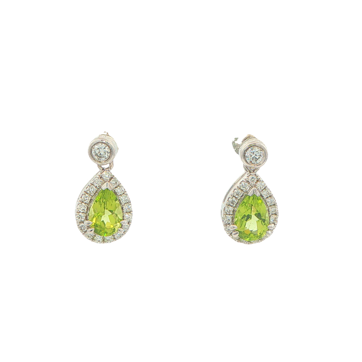 Pear Shaped Peridot and Diamond Halo Style Drop Earrings