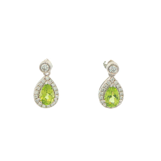 Pear Shaped Peridot and Diamond Halo Style Drop Earrings