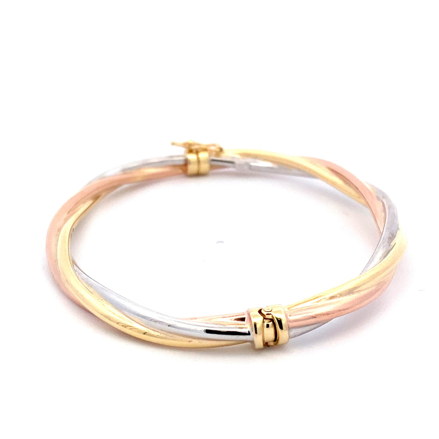 Yellow, Rose and White Gold Twisted Profile Bangle  Gardiner Brothers   