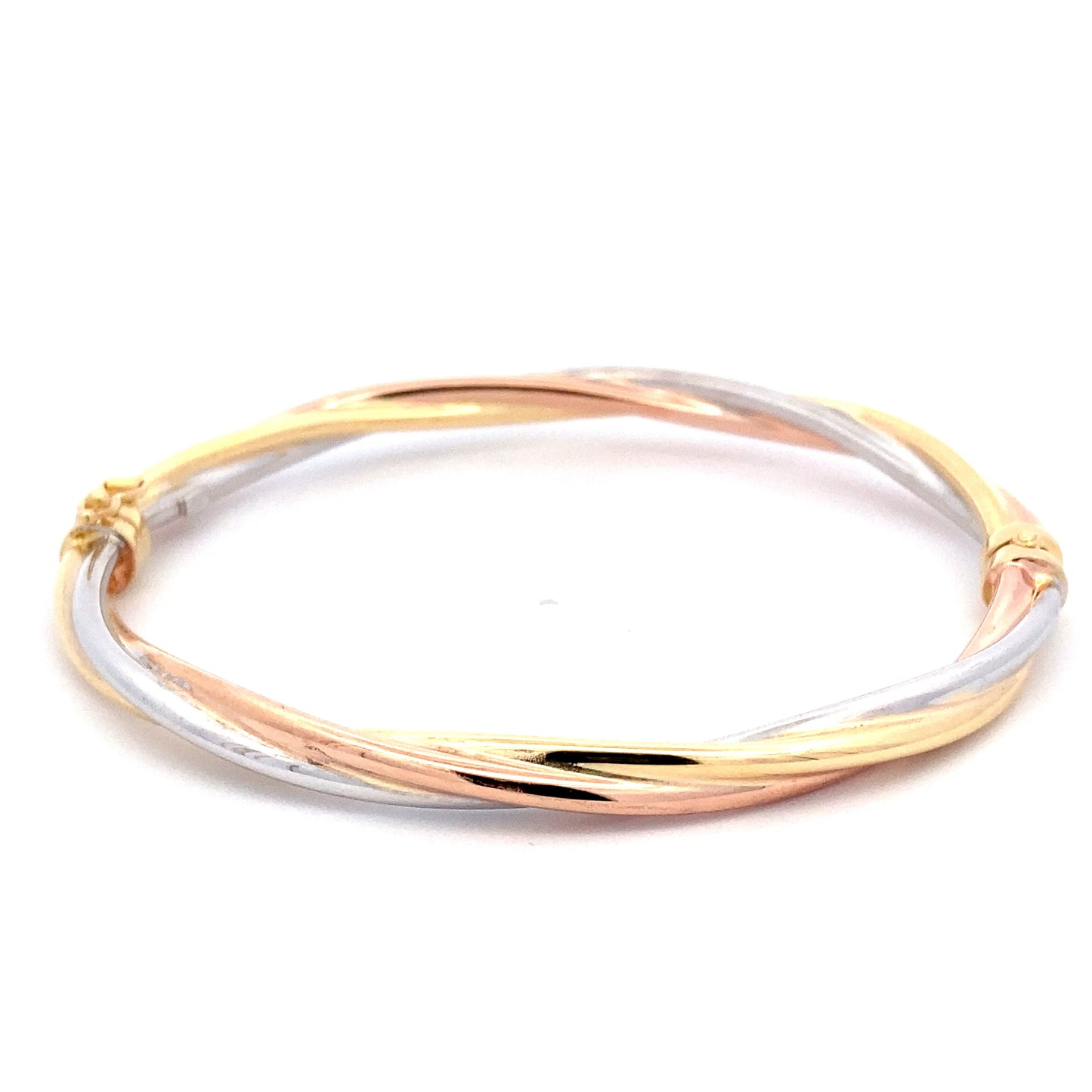 Yellow, Rose and White Gold Twisted Profile Bangle  Gardiner Brothers   