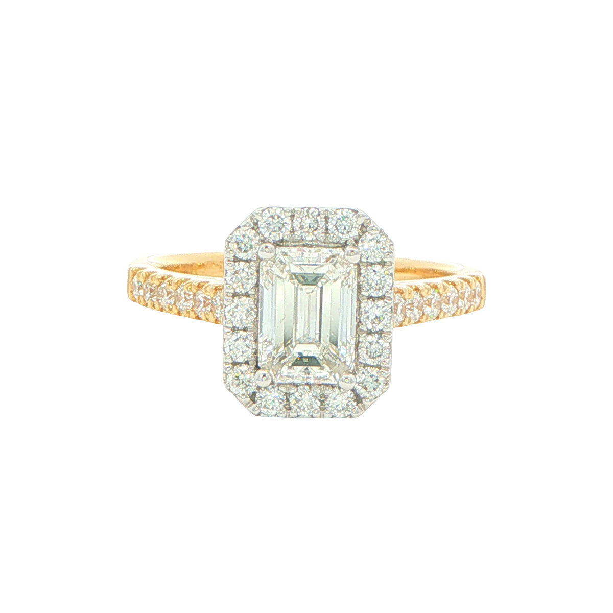 Yellow Gold Emerald cut diamond halo cluster style ring - 1.49cts Gardiner Brothers