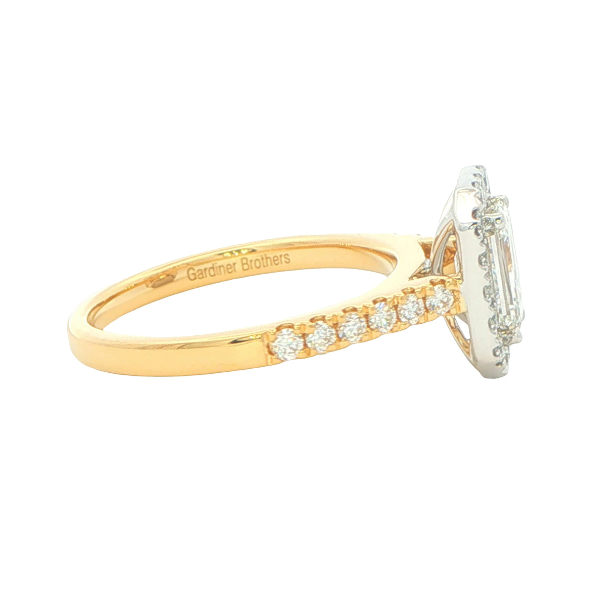 Yellow Gold Emerald cut diamond halo cluster style ring - 1.49cts Gardiner Brothers