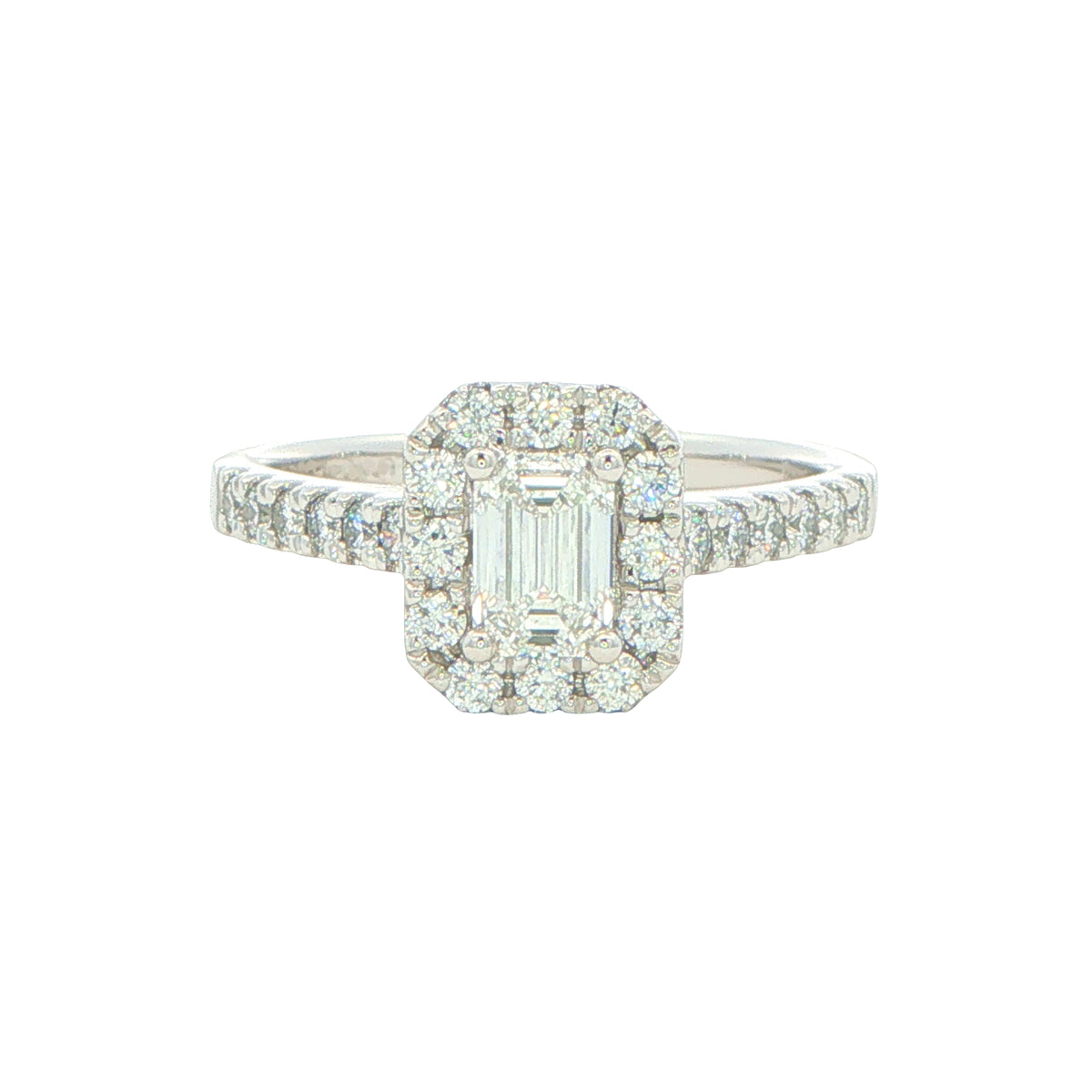Platinum Emerald Cut Diamond Halo Style Ring - 0.94cts