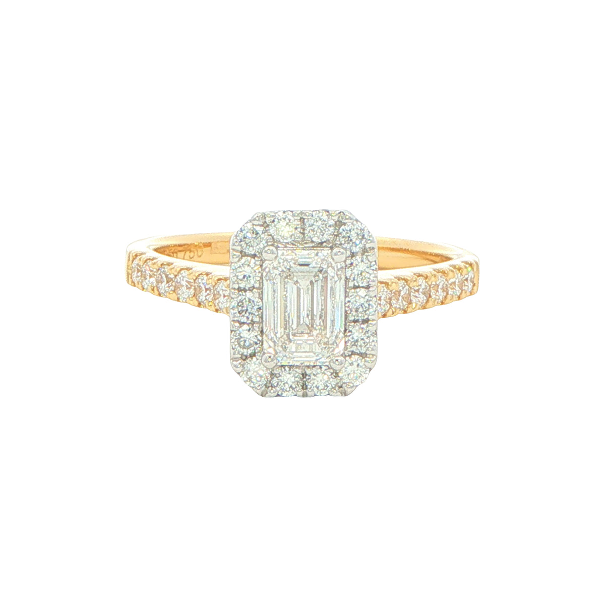 Yellow Gold Emerald cut diamond halo cluster style ring - 1.15cts