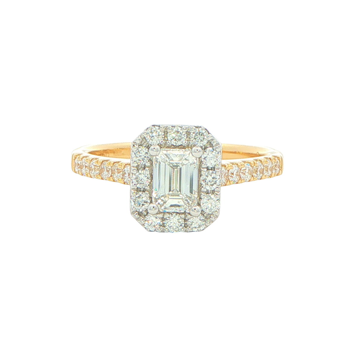 Yellow Gold Emerald cut diamond halo cluster style ring - 0.95cts