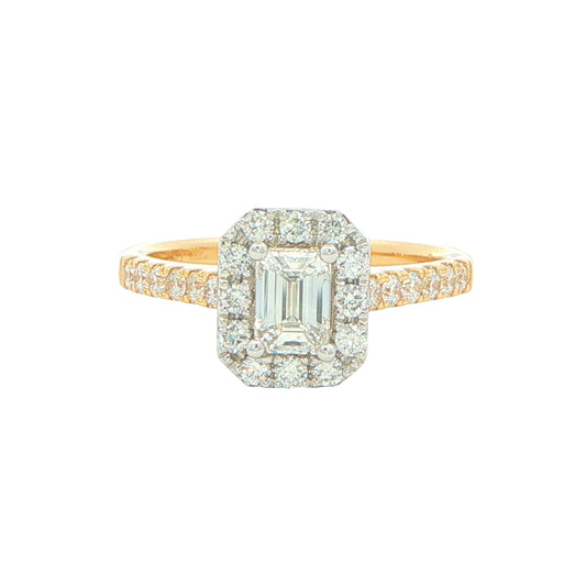 Yellow Gold Emerald cut diamond halo cluster style ring - 0.95cts Gardiner Brothers