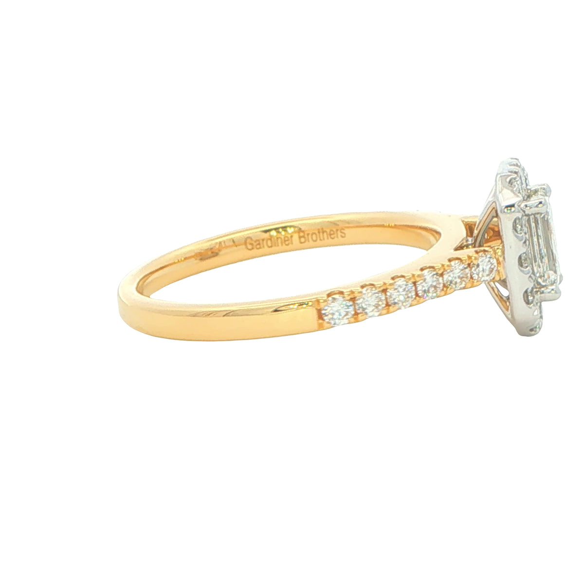Yellow Gold Emerald cut diamond halo cluster style ring - 0.95cts