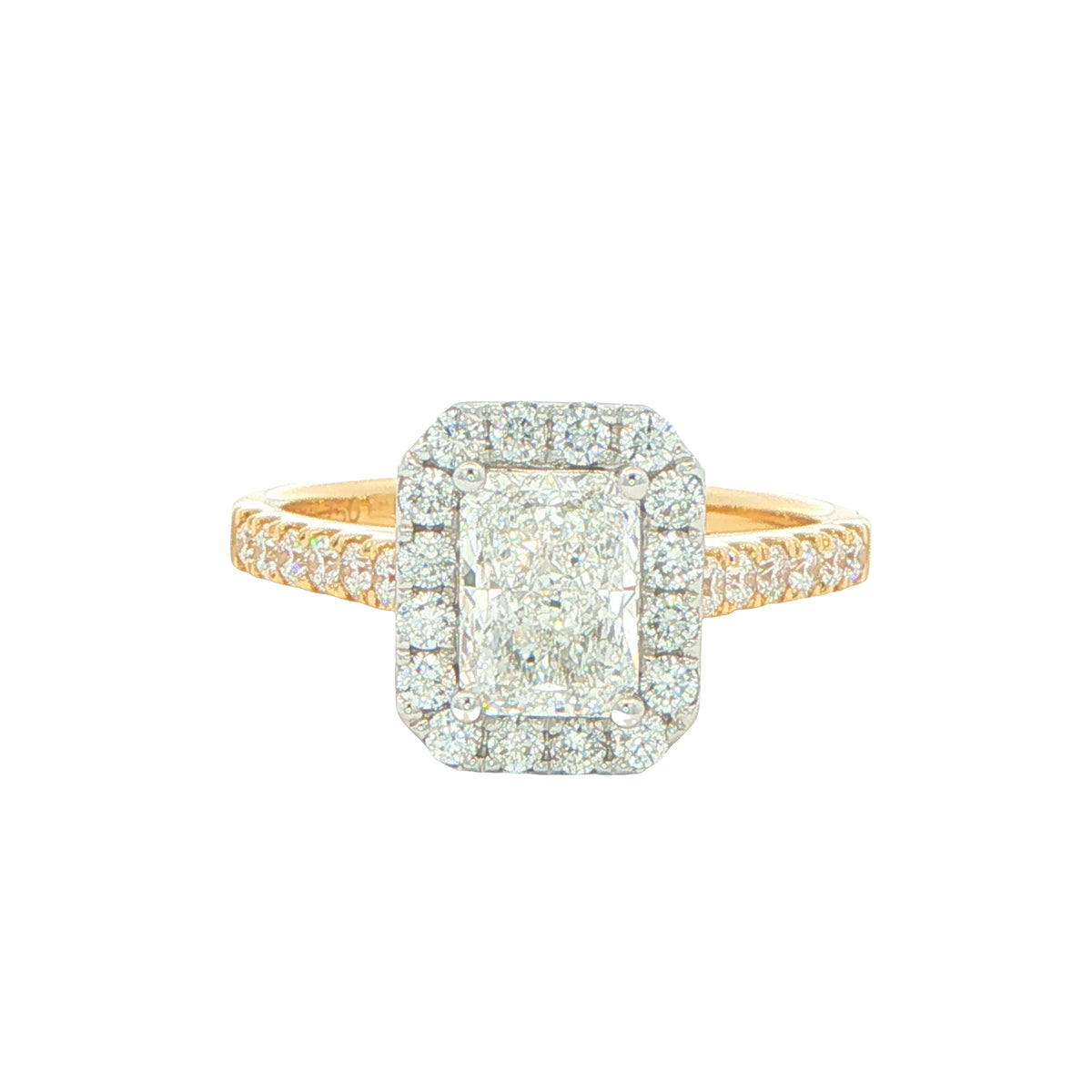 Yellow Gold Radiant cut diamond halo cluster style ring - 1.52cts