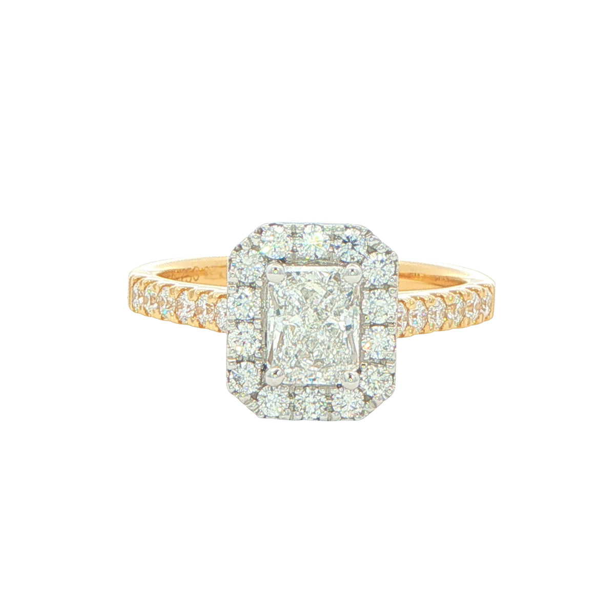 Yellow Gold Radiant cut diamond halo cluster style ring - 1.16cts