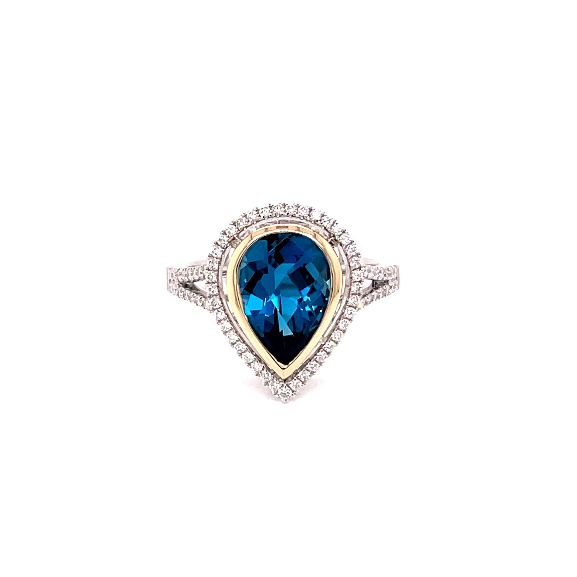 Pear Shaped London Blue Topaz and Diamond Halo Ring  Gardiner Brothers   