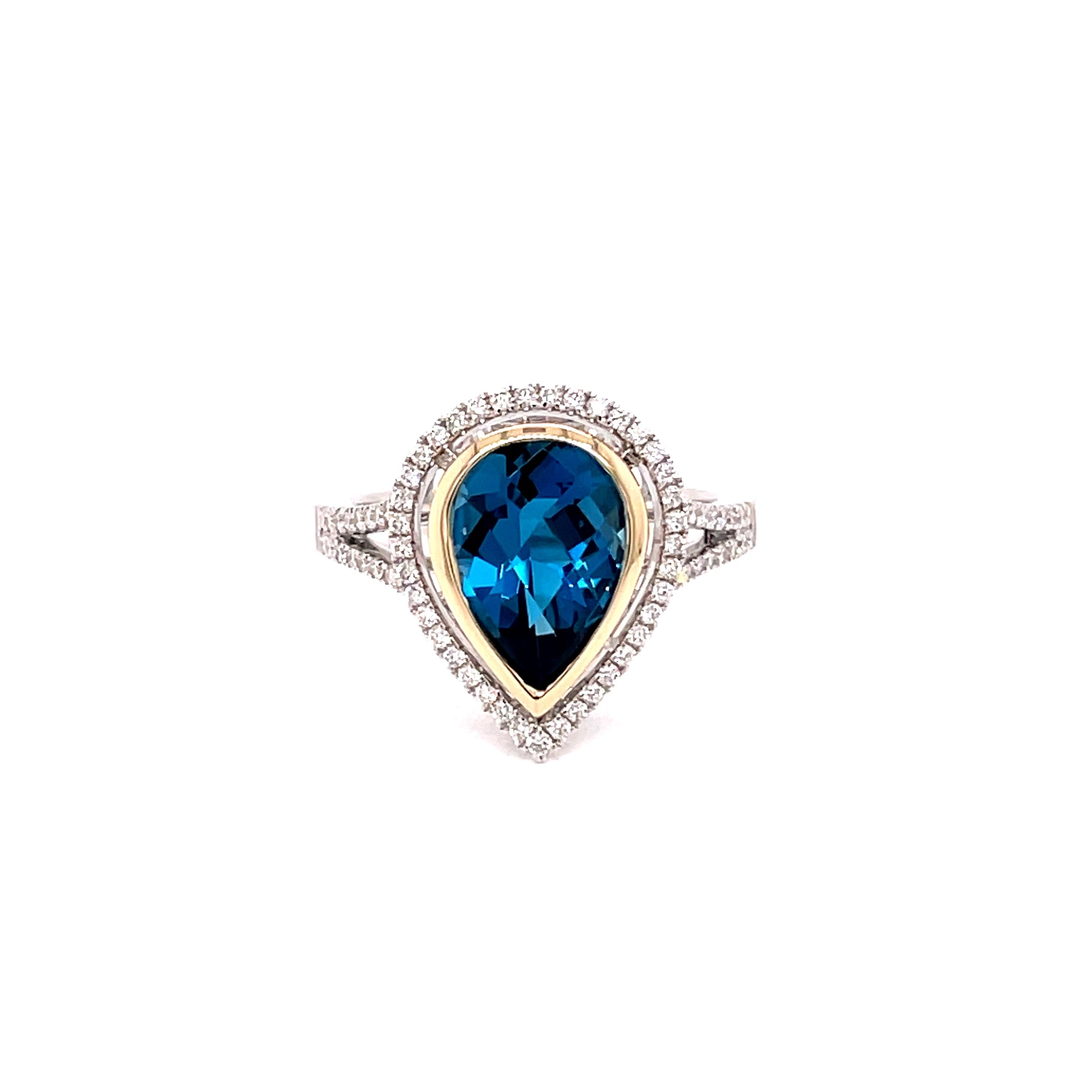 Pear Shaped London Blue Topaz and Diamond Halo Ring – Gardiner