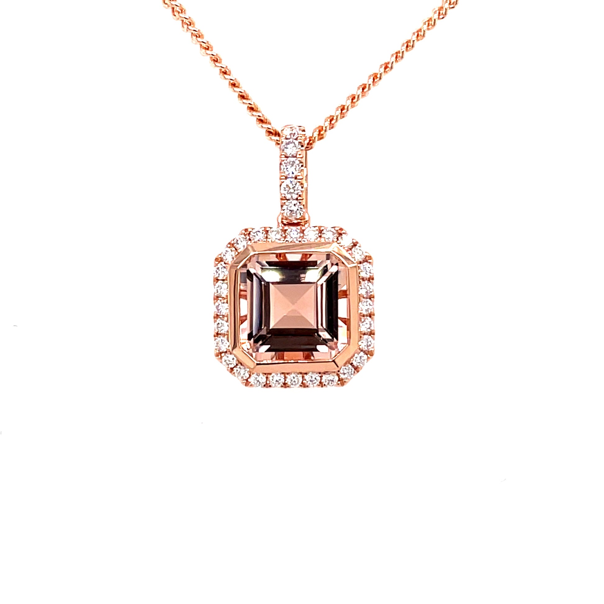 Morganite and Diamond Halo Cluster Style Pendant  Gardiner Brothers   