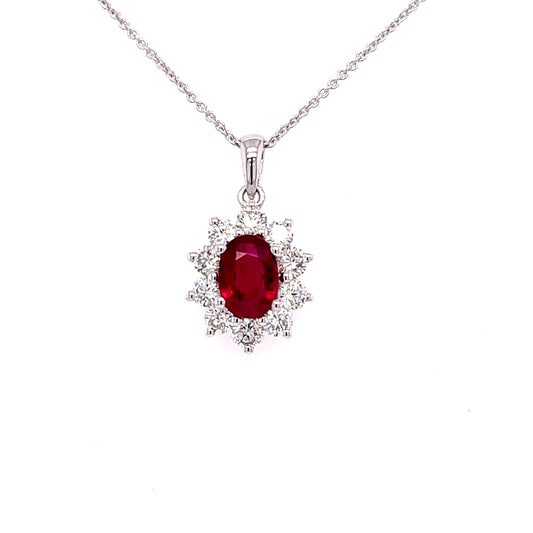 Oval Ruby and Round Brilliant Cut Diamond Cluster Style Pendant  Gardiner Brothers   