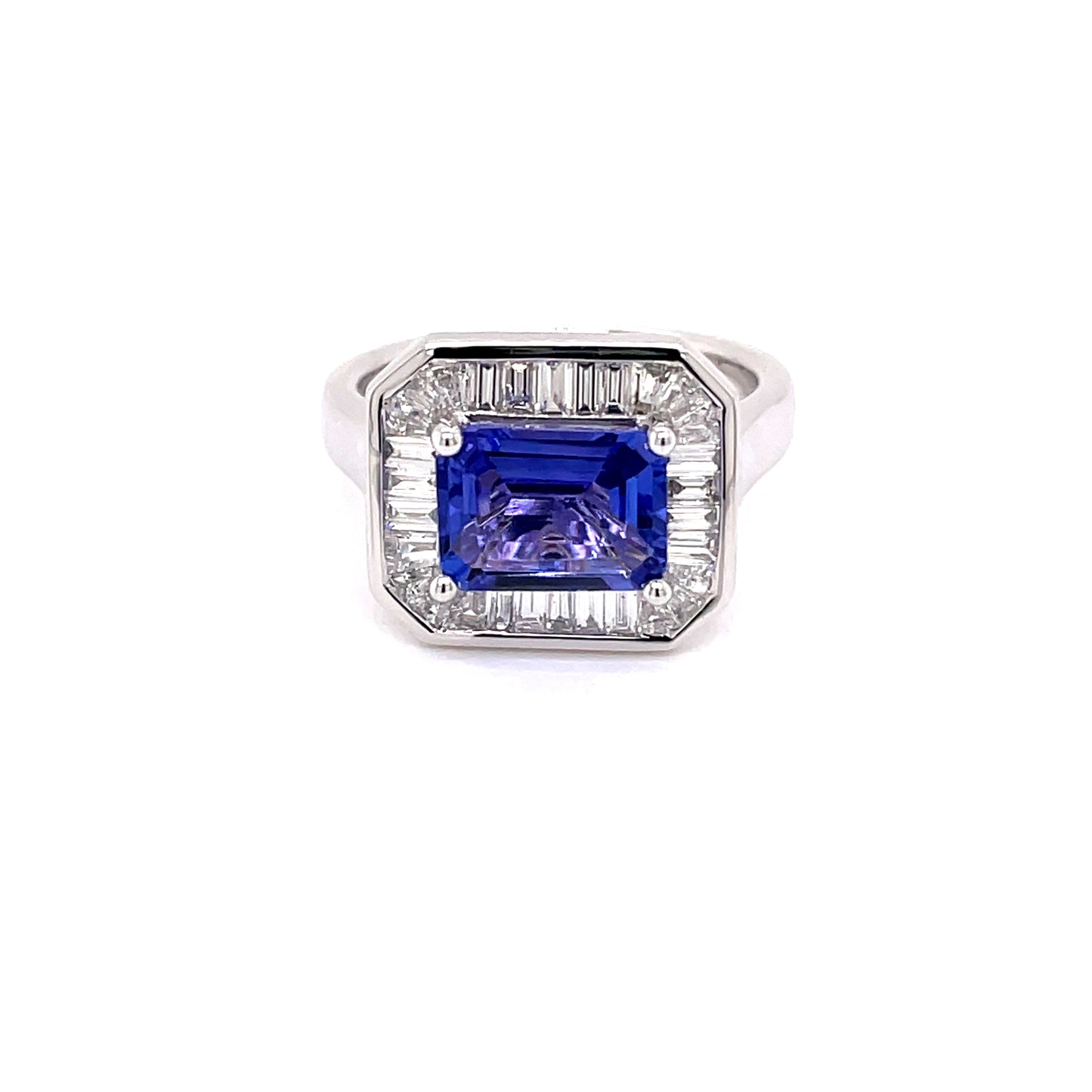 Tanzanite and Baguette Cut Diamond Halo Style Ring  Gardiner Brothers   