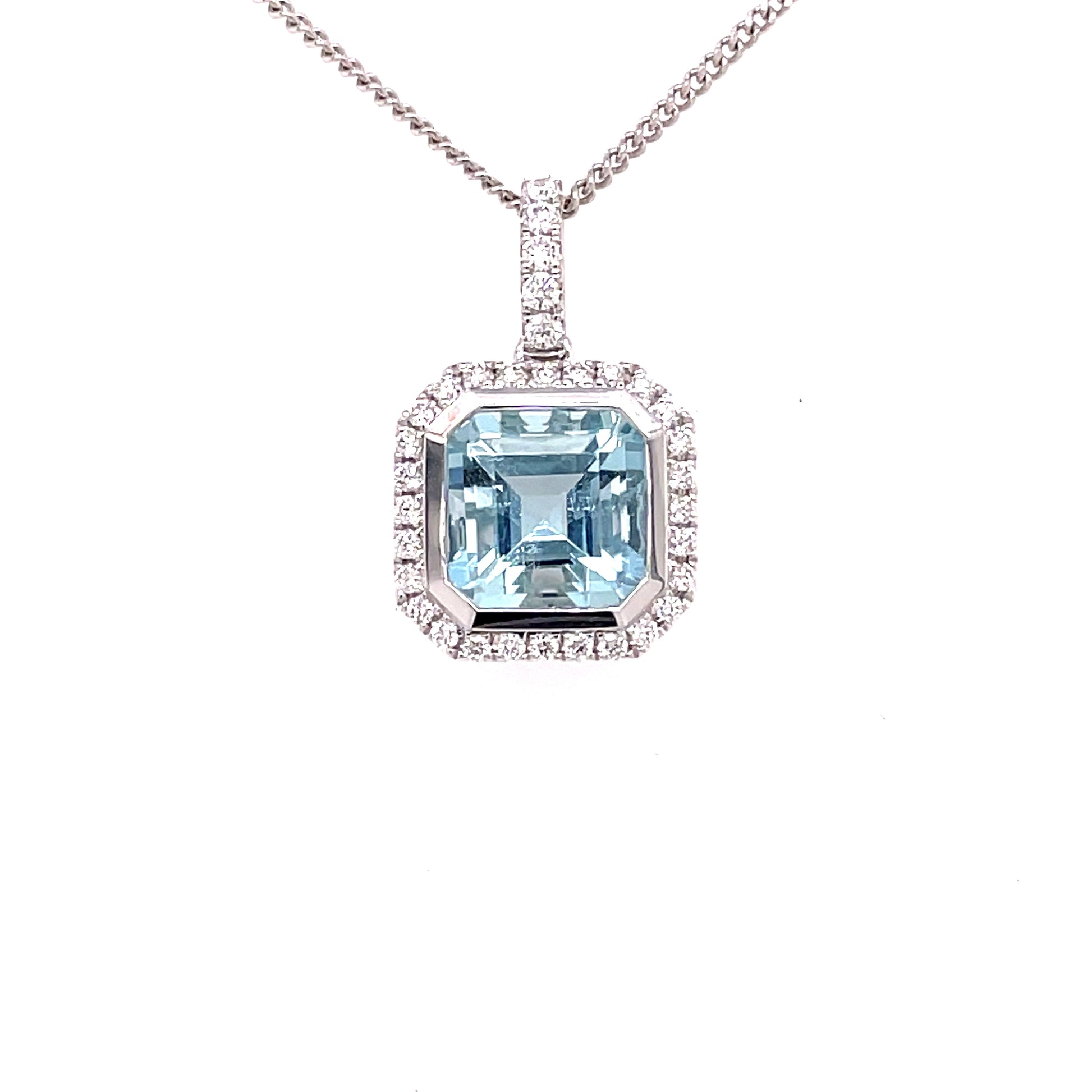 Aquamarine and Diamond Halo Style Pendant  Gardiner Brothers   