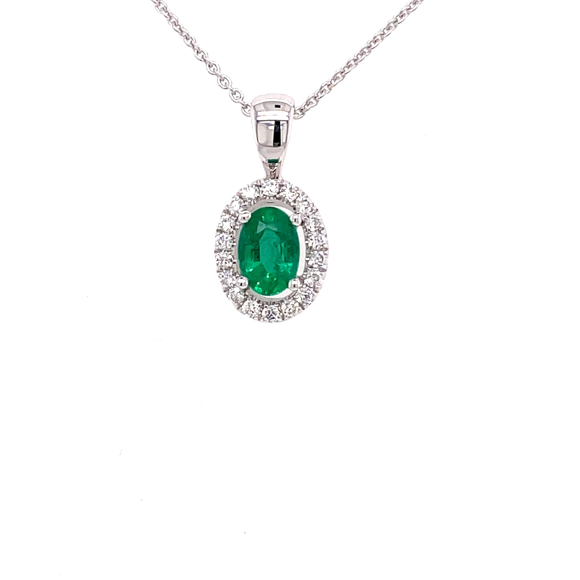 Emerald and Round Brilliant Cut Diamond Halo Style Pendant  Gardiner Brothers   