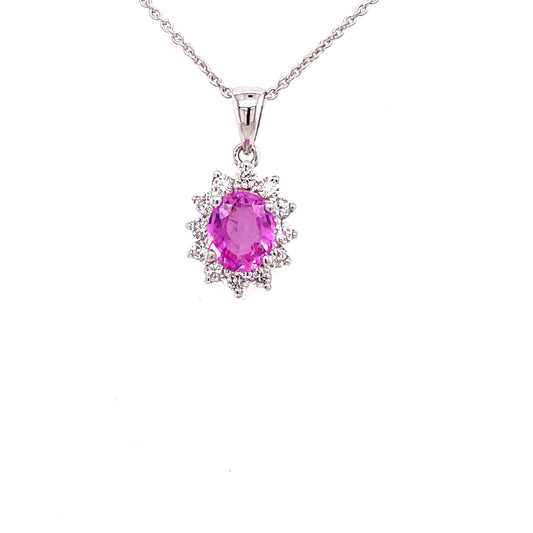 Pink Sapphire and Round Brilliant Cut Diamond Cluster Pendant  Gardiner Brothers   