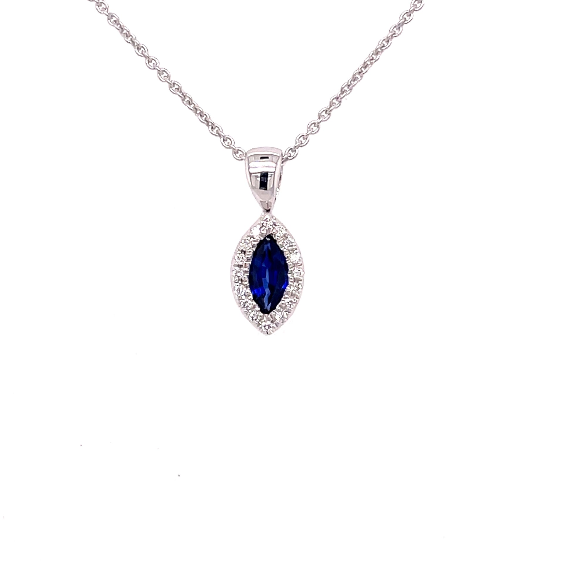 Sapphire and Diamond Marquise Shaped Halo Pendant  Gardiner Brothers   