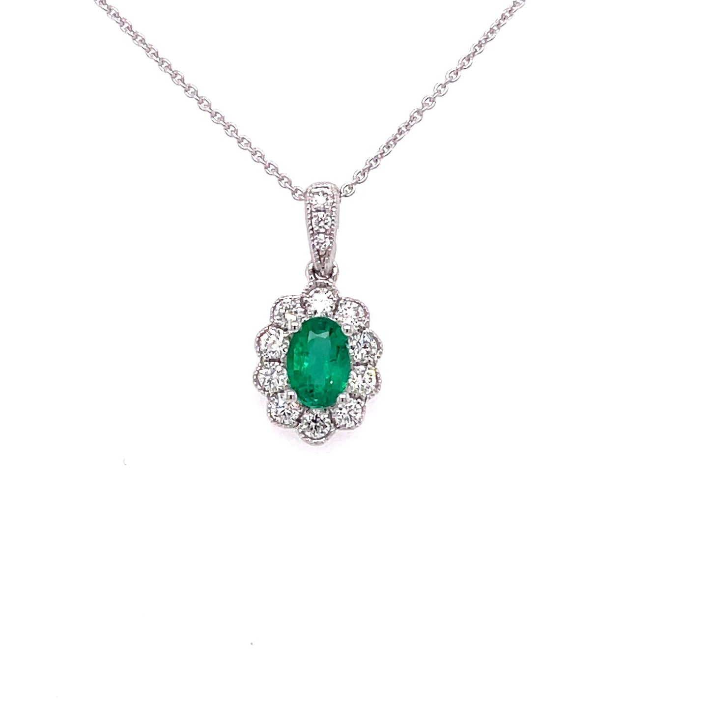 Emerald and Round Brilliant Cut Diamond, Vintage Style Cluster Pendant  Gardiner Brothers   