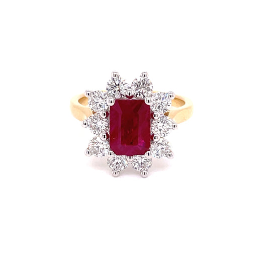 Octagonal Ruby and Round Brilliant Cut Diamond Cluster Ring  Gardiner Brothers   