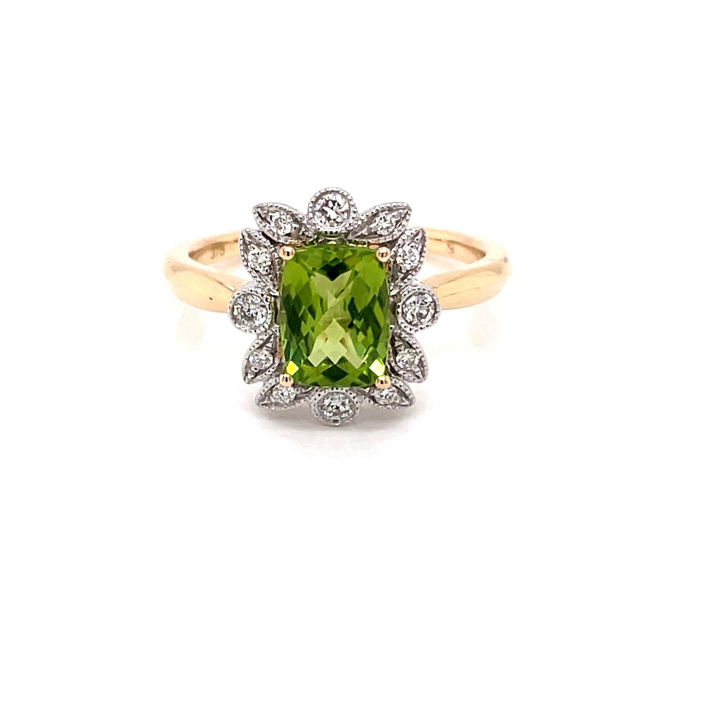 Peridot and Round Brilliant Cut Diamond, Vintage Style Cluster Ring  Gardiner Brothers   