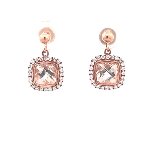 Rose Gold, Morganite and Diamond Halo Style Earrings  Gardiner Brothers   