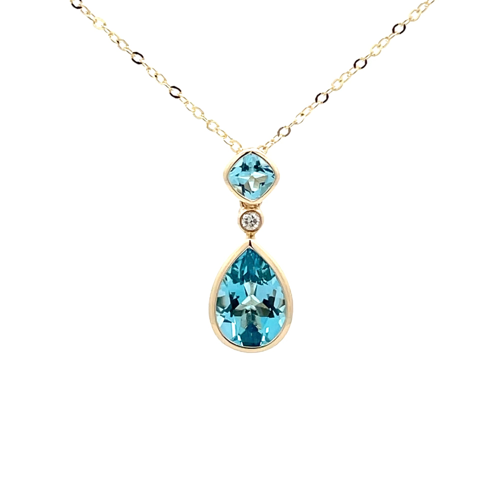 Yellow Gold Swiss Blue Topaz Diamond Drop Pendant Necklace