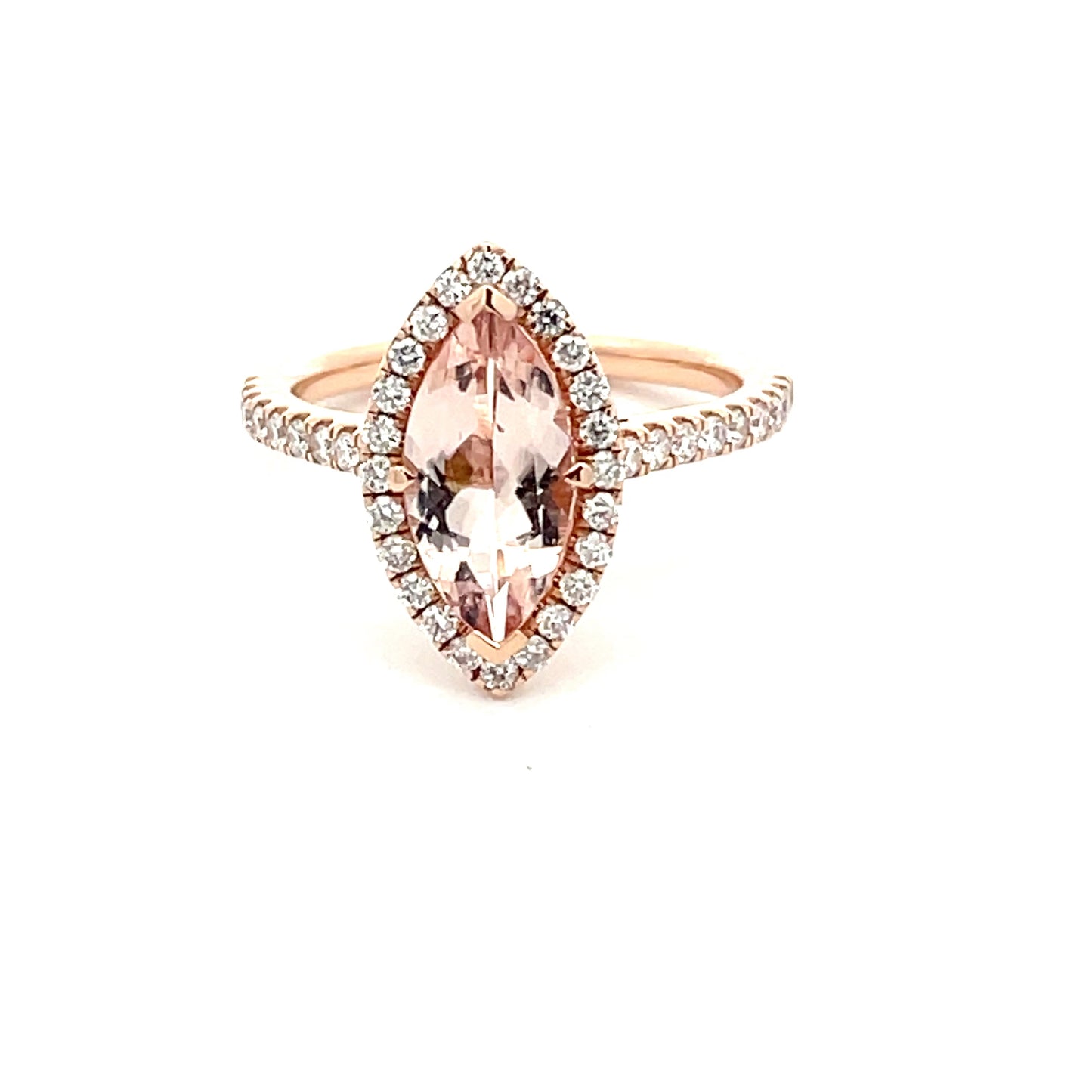 Rose Gold, Morganite and Diamond Halo Style Ring  Gardiner Brothers   