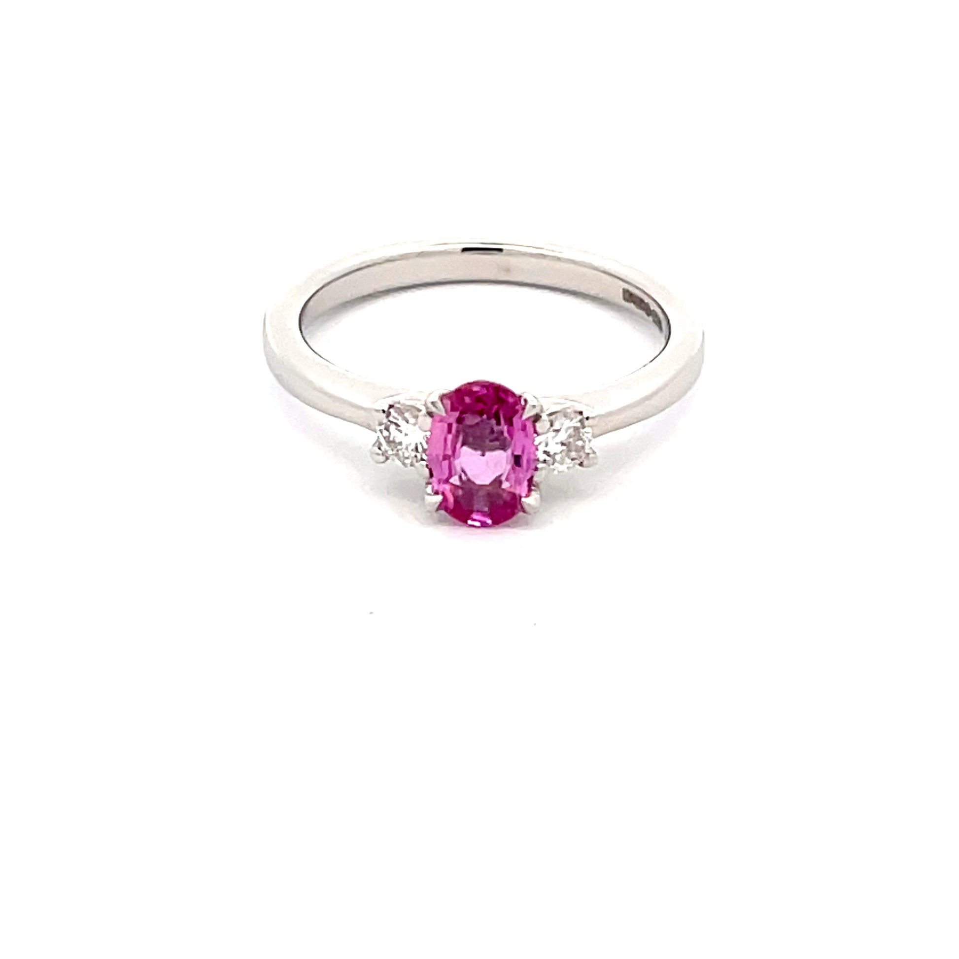 Pink Sapphire and Round Brilliant Cut Diamond 3 Stone Ring  Gardiner Brothers   