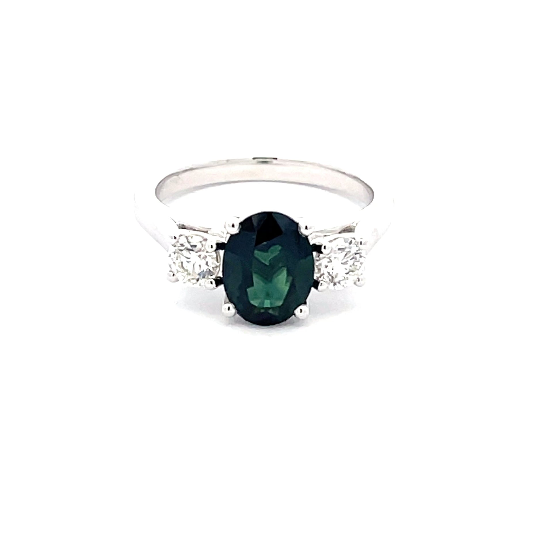 Teal Sapphire and Round Brilliant cut diamond 3 stone ring  Gardiner Brothers   