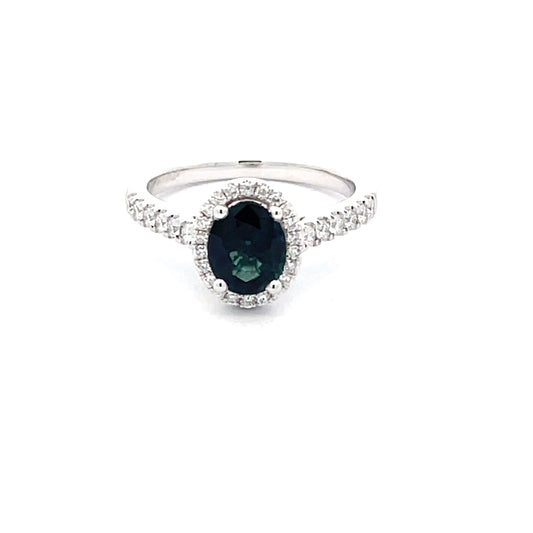 Teal Sapphire and Diamond Halo style Ring  Gardiner Brothers   