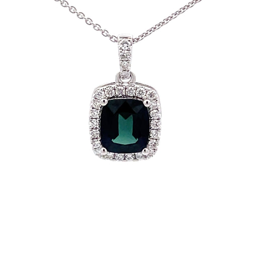 Teal Sapphire and Diamond halo Style pendant  Gardiner Brothers   
