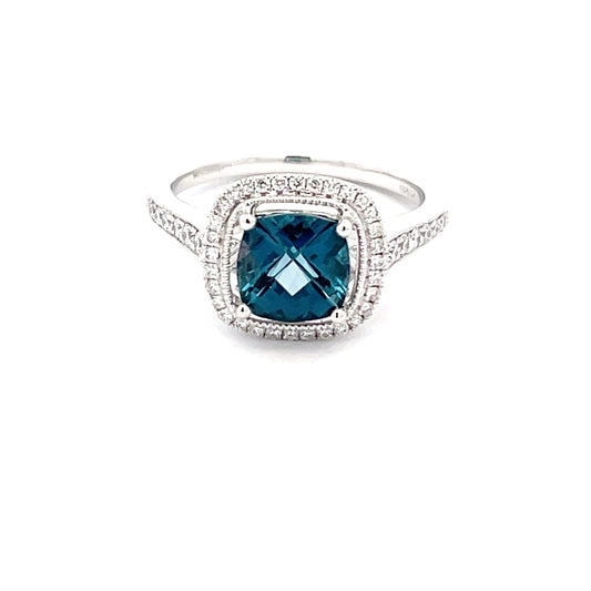 London Blue Topaz and Diamond halo Style Ring  Gardiner Brothers   