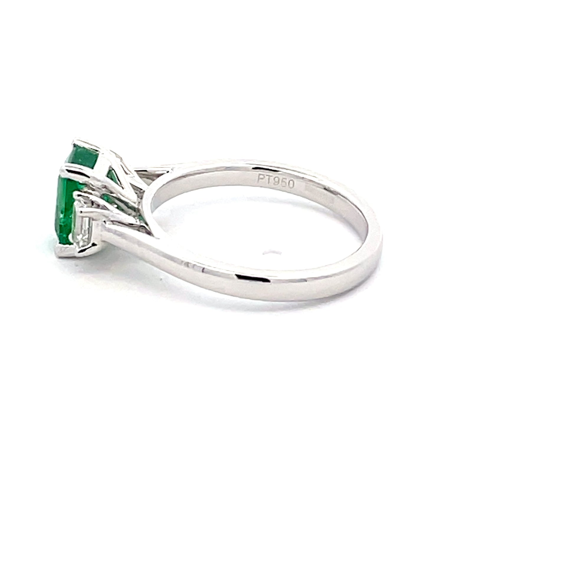 Octagonal emerald and emerald cut diamond 3 stone ring Gardiner Brothers