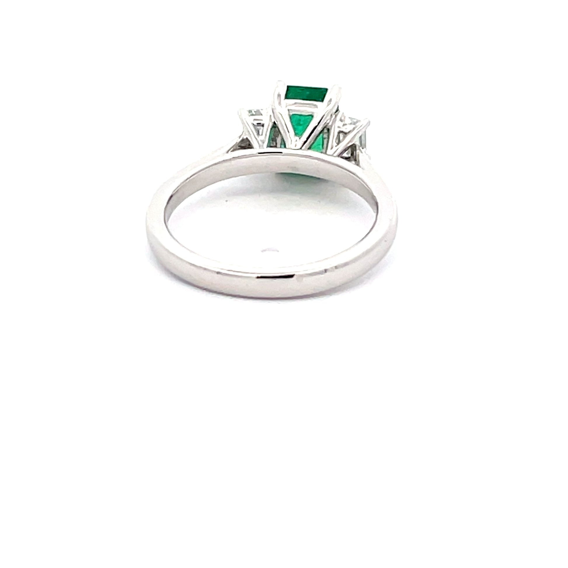 Octagonal emerald and emerald cut diamond 3 stone ring Gardiner Brothers
