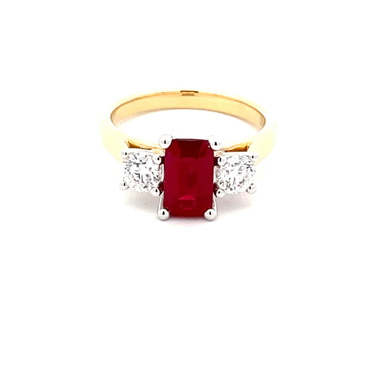 Ruby and round brilliant cut diamond 3 stone ring  Gardiner Brothers   