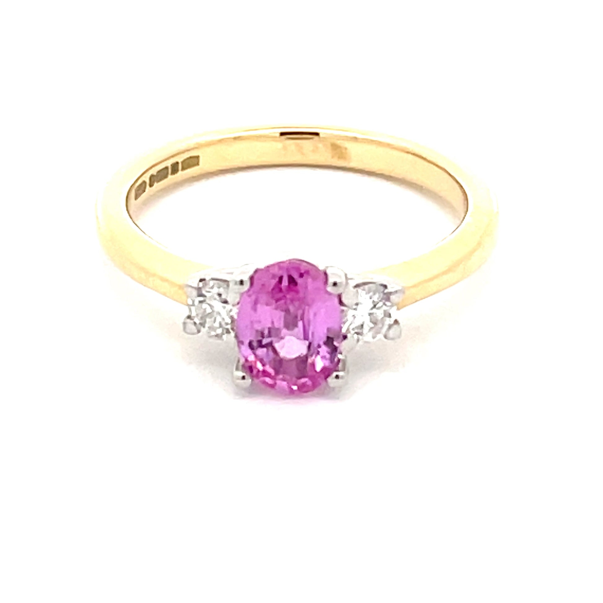 Pink Sapphire and Round Brilliant Cut Diamond 3 Stone Ring  Gardiner Brothers   