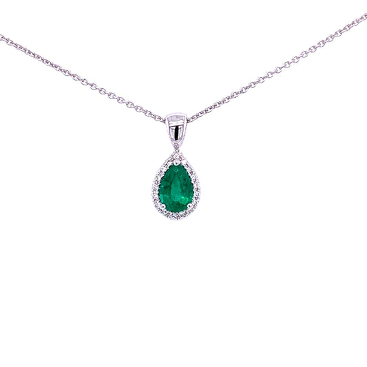 Pear Shaped Emerald and Diamond Halo Pendant  Gardiner Brothers   