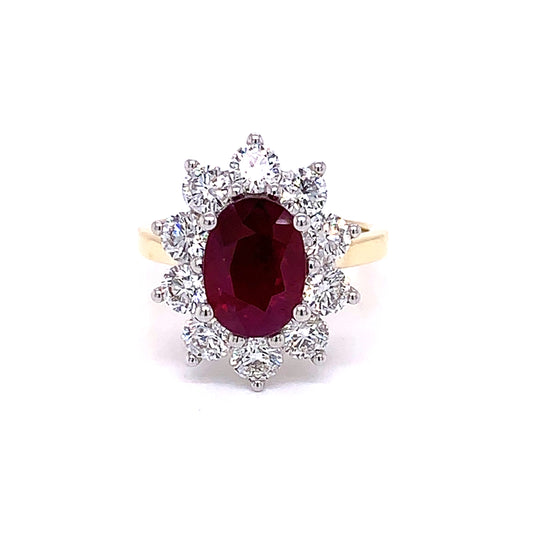 Oval Ruby and Round Brilliant Cut Diamond Cluster Ring  gardiner-brothers   