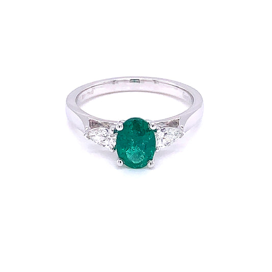 Oval Shaped Emerald and pear shaped diamond 3 stone ring  gardiner-brothers   